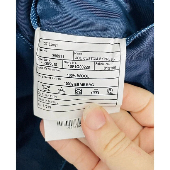 Joe Joseph Abboud 100% Wool Suit Jacket Balzer Men Sz 37 Long Navy Blue Business - Picture 10 of 14